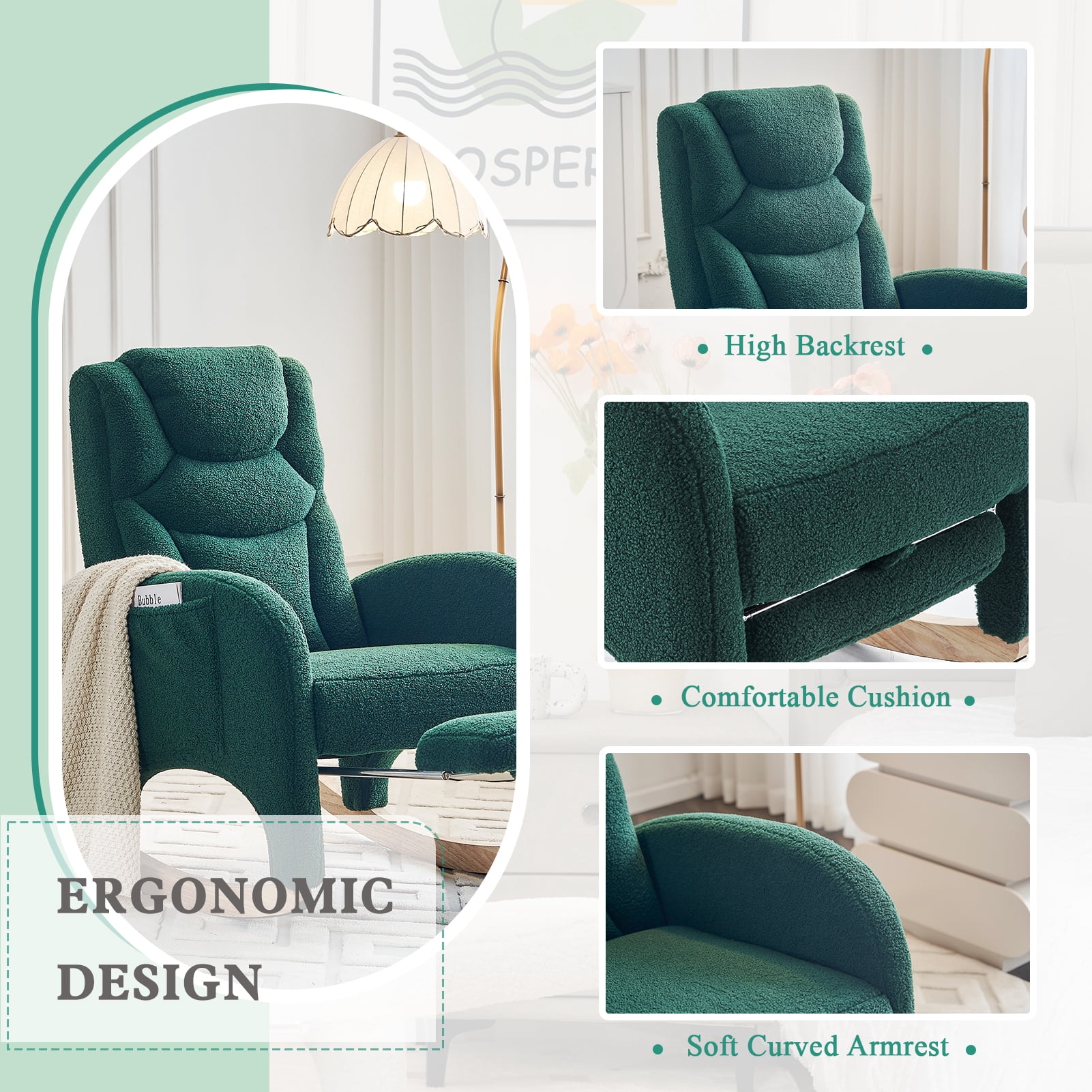ALAKFORM Rocking Chair Nursery with Foot Rest,Upholstered Teddy Glider Rocker with Wood Legs, Nursing Rocking Chair for Living Room/Nursery,Green