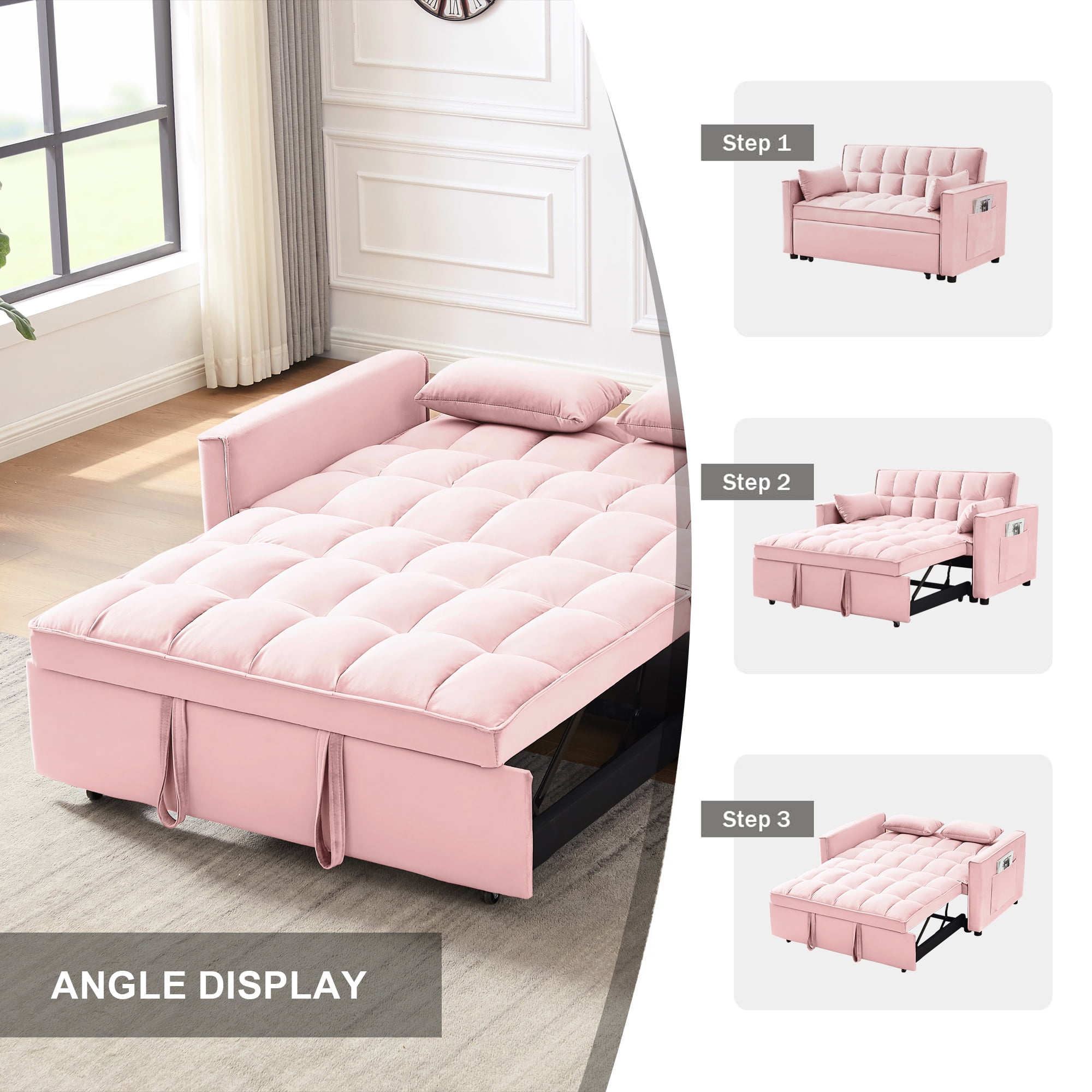DEALTOPS Convertible Loveseat 55" 3-in-1 Multi-Functional Pull-Out Bed, Pink Velvet