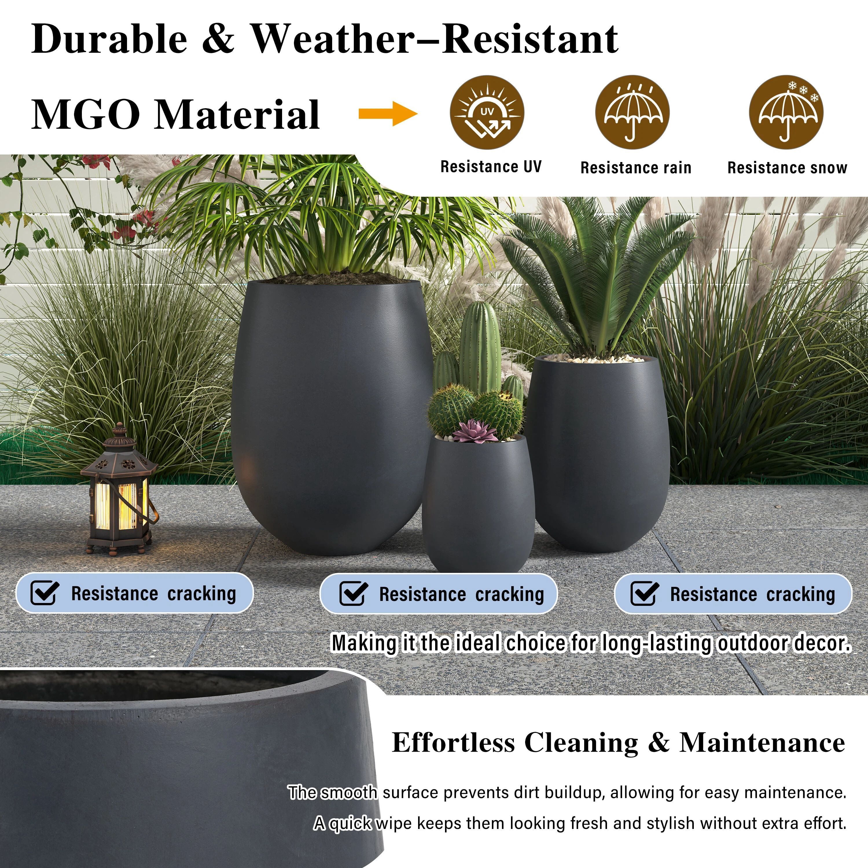 Euroco Round MGO Planter Set of 3(15.6"/10.7"/7.3" ), Large Outdoor Indoor Flower Pots with Drainage Holes,Modern Decorative Pots for Garden, Patio, Poolside,Home, Office
