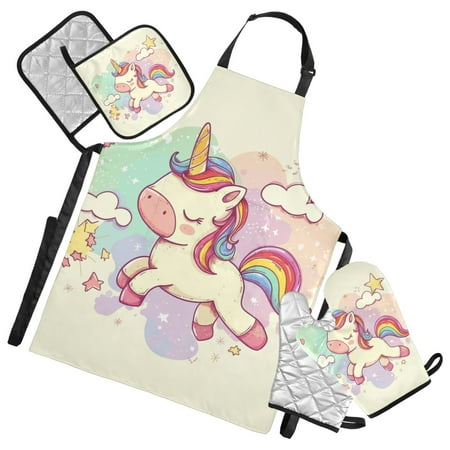 Cartoon Baby Unicorn and Star 5 Pcs Kitchen Set Heat Resistant Oven Mitts and Non-Slip Pot Holders with Adjustable Cooking Apron