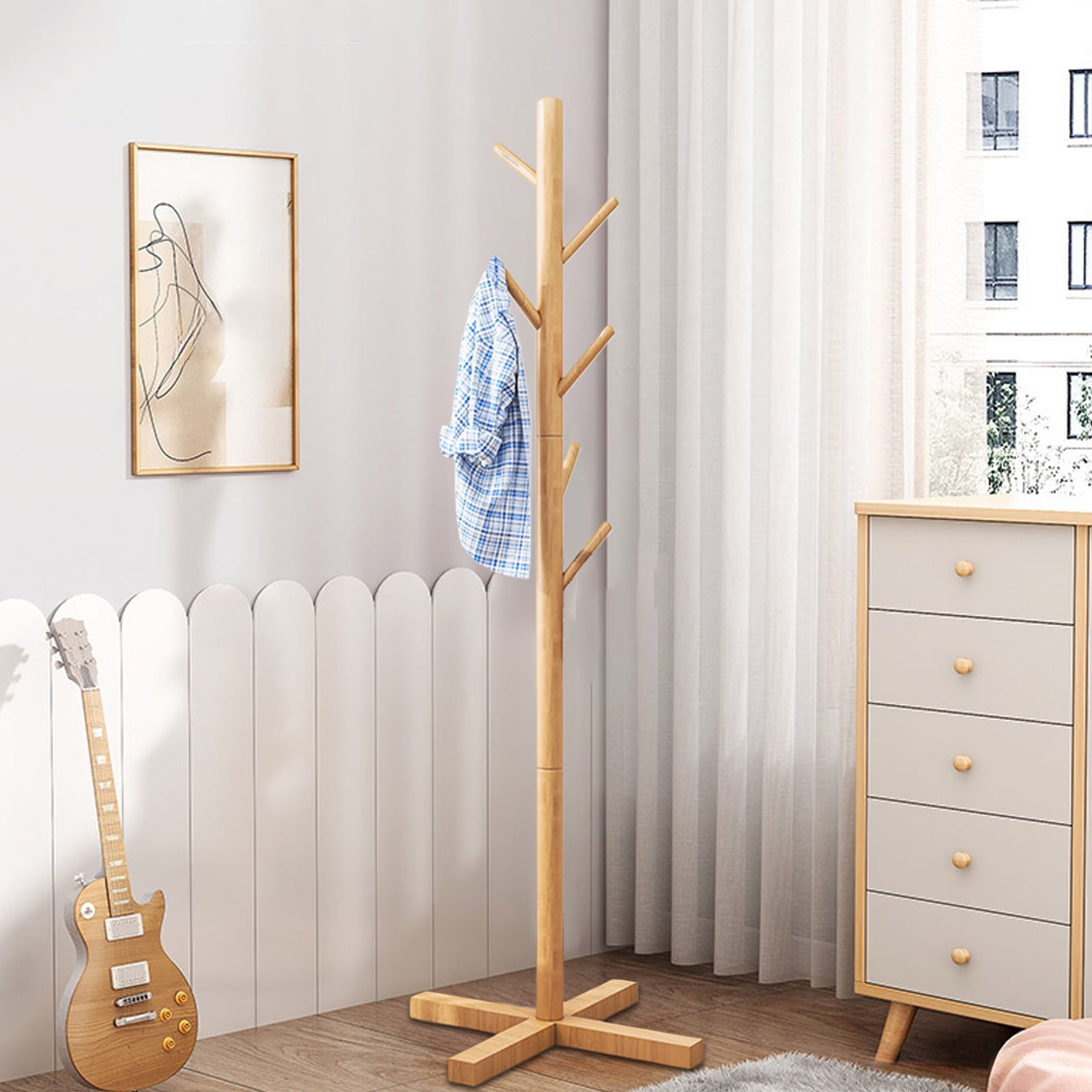 Tyidzon Coat Rack Freestanding 53 Inch Tall Coat Rack Stand with 6 Hooks for Hats, Bags, Purses, for Entryway, Hallway, Rubberwood, Beige