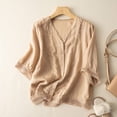 thumbnail image 2 of Short Sleeve Tops for Women Cotton And Linen Crochet Artistic Small Versatile Shirt V Neck Casual Fashion Womens Blouses, 2 of 8
