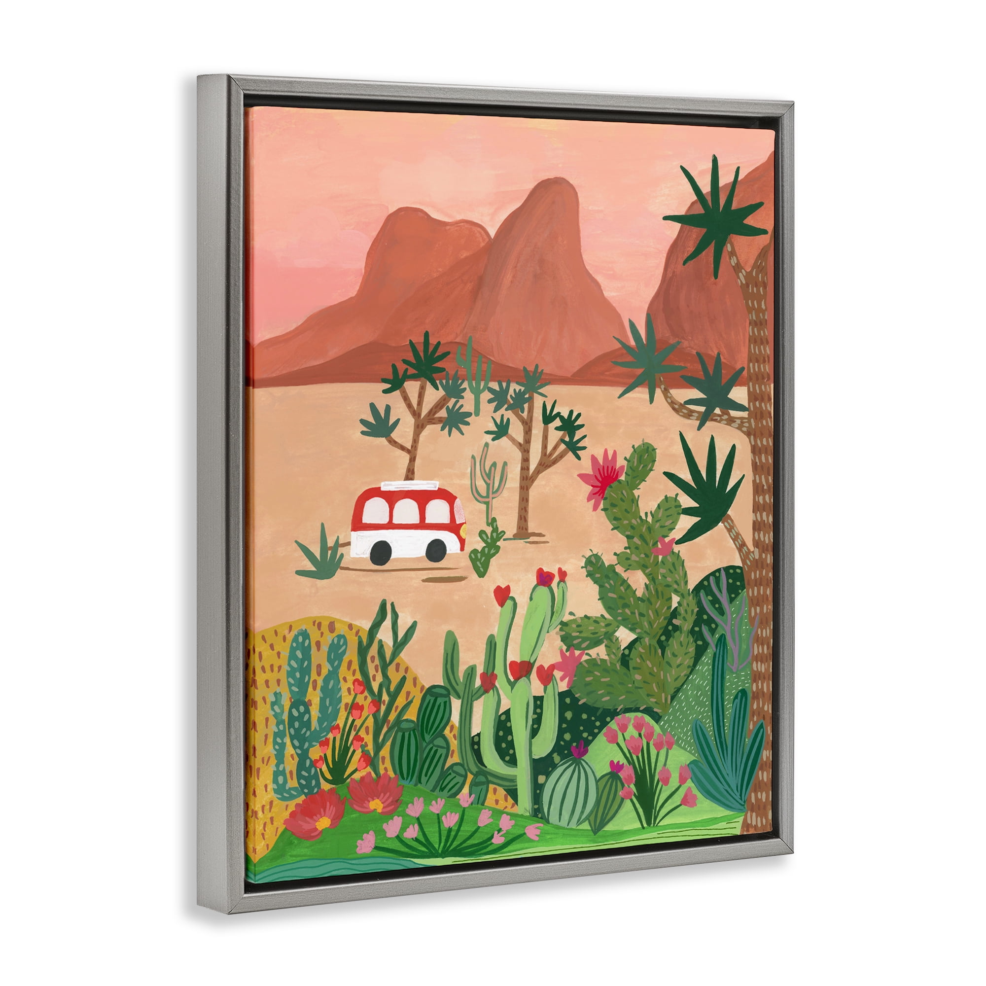 Desert Camper & Cacti Gray Framed Floater Canvas Wall Art, design by Nabeela Rumi