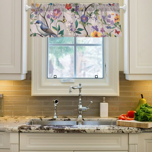 Yayeee Window Valance for Kitchen Farmhouse Rod Pocket Purple Floral Pattern Short Curtain for Living Room