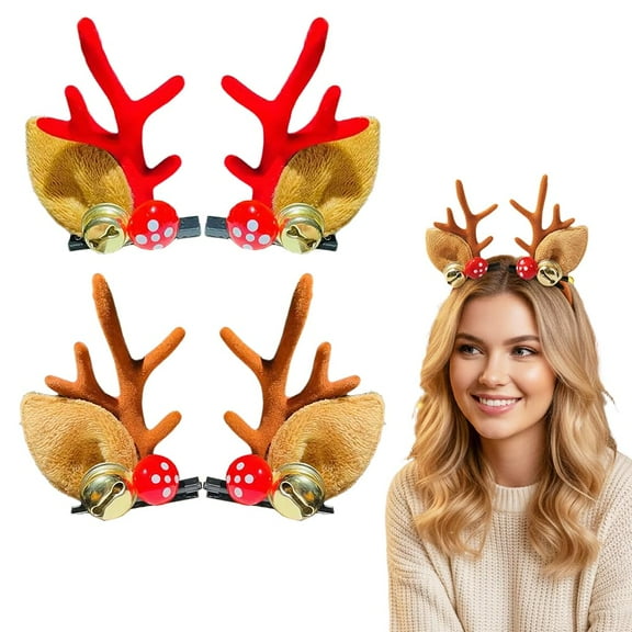 4 PCS Christmas Reindeer Antlers Headband Hairpins,2026 New Reindeer Antlers Xmas Hair Clip (Bell 4 PCS)