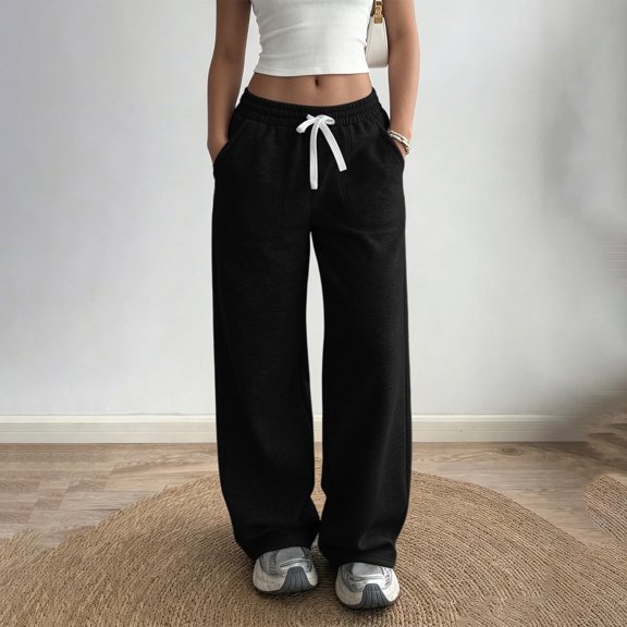 KIHOUT Womens High Waisted Wide Leg Pants Drawstring Elastic Waistband Casual Loose Fit Sweatpants with Pockets Solid Color