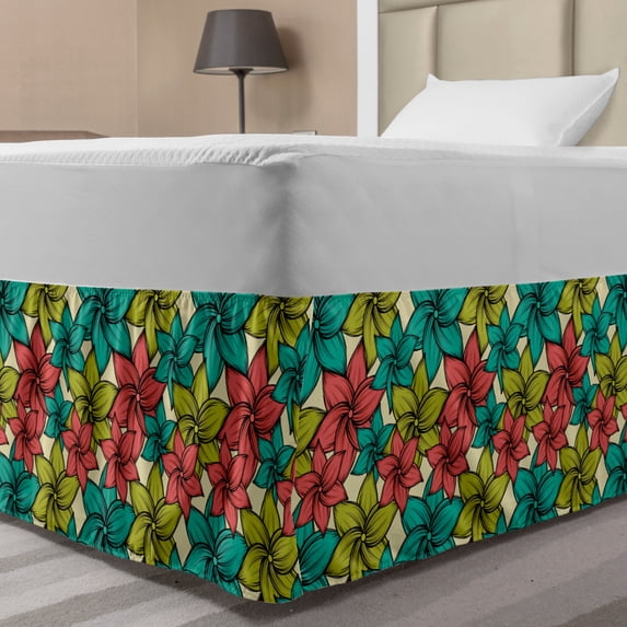 Floral Bed Skirt, Summer Inspired Tropical Nature Art Composition with Colorful Exotic Flowers Aloha, Elastic Bedskirt Dust Ruffle Wrap Around for Bedding Decor, 4 Sizes, Multicolor, by Ambesonne