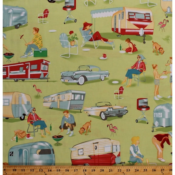 Cotton Camping Retro Campers Trailers Classic Cars Barbecue BBQ Grills Family Vacation Dogs Trailer Travel Green Cotton Fabric Print by the Yard (CX3978-MULT-D)