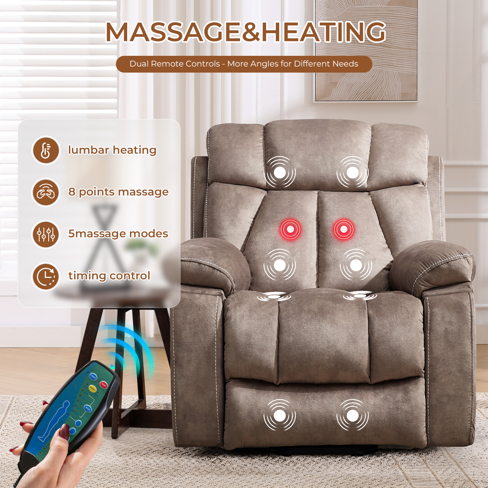 Bonzy Home Oversized Power Lift Recliner — Electric Lift Chair with Massage & Lumbar Heat, USB Port, Cup Holders & Side Pockets, Brown