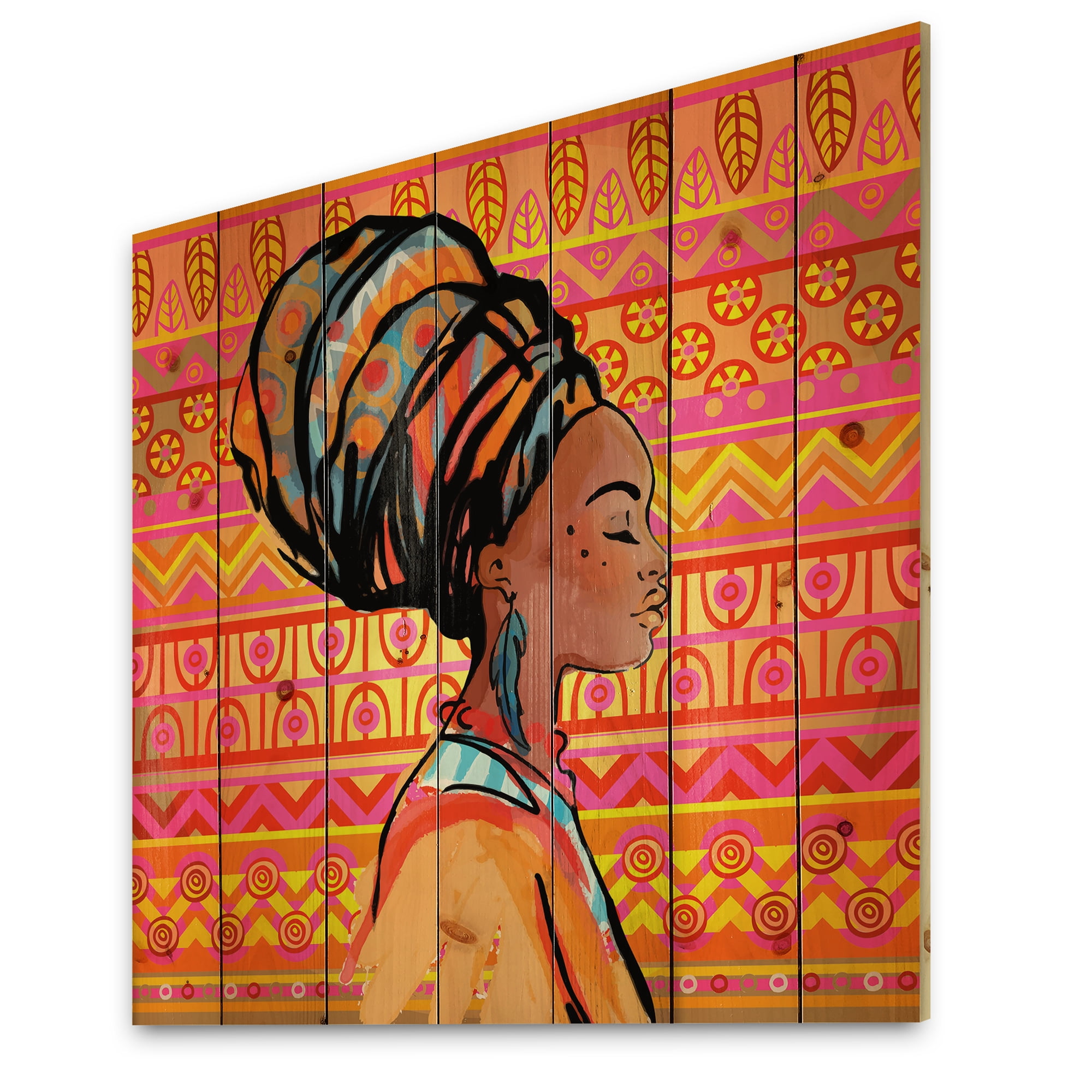 Designart 'Portrait of African American Woman With Turban I' Modern Print on Natural Pine Wood