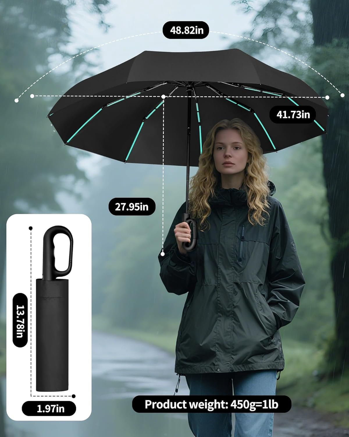 10-Shaft 50-Rib Heavy-Duty Umbrella, Automatic Open/Close with Carabiner Handle, -Weather Wind Resistant & UPF 50+ for Rain and Sun