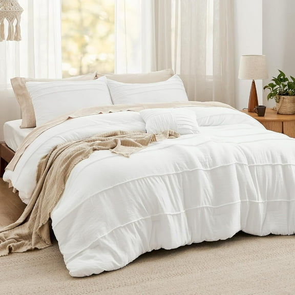 King Comforter Set - 4 Pieces Pinch Pleat Bed Set, White Boho Bedding for All Season, 1 Soft Comforter, 2 Pillowcases, 1 Decorative Pillow