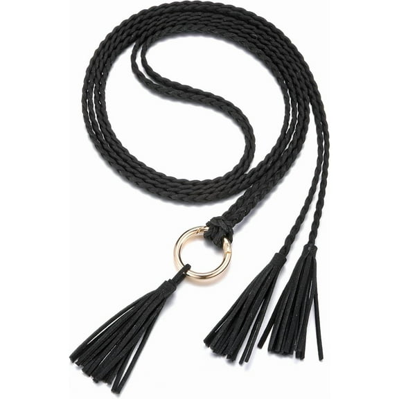 YooGuoGuo Women's Tassel Braided Rope Belt Skinny Woven Belt for Dress PU Leather Waist Belt with Ring