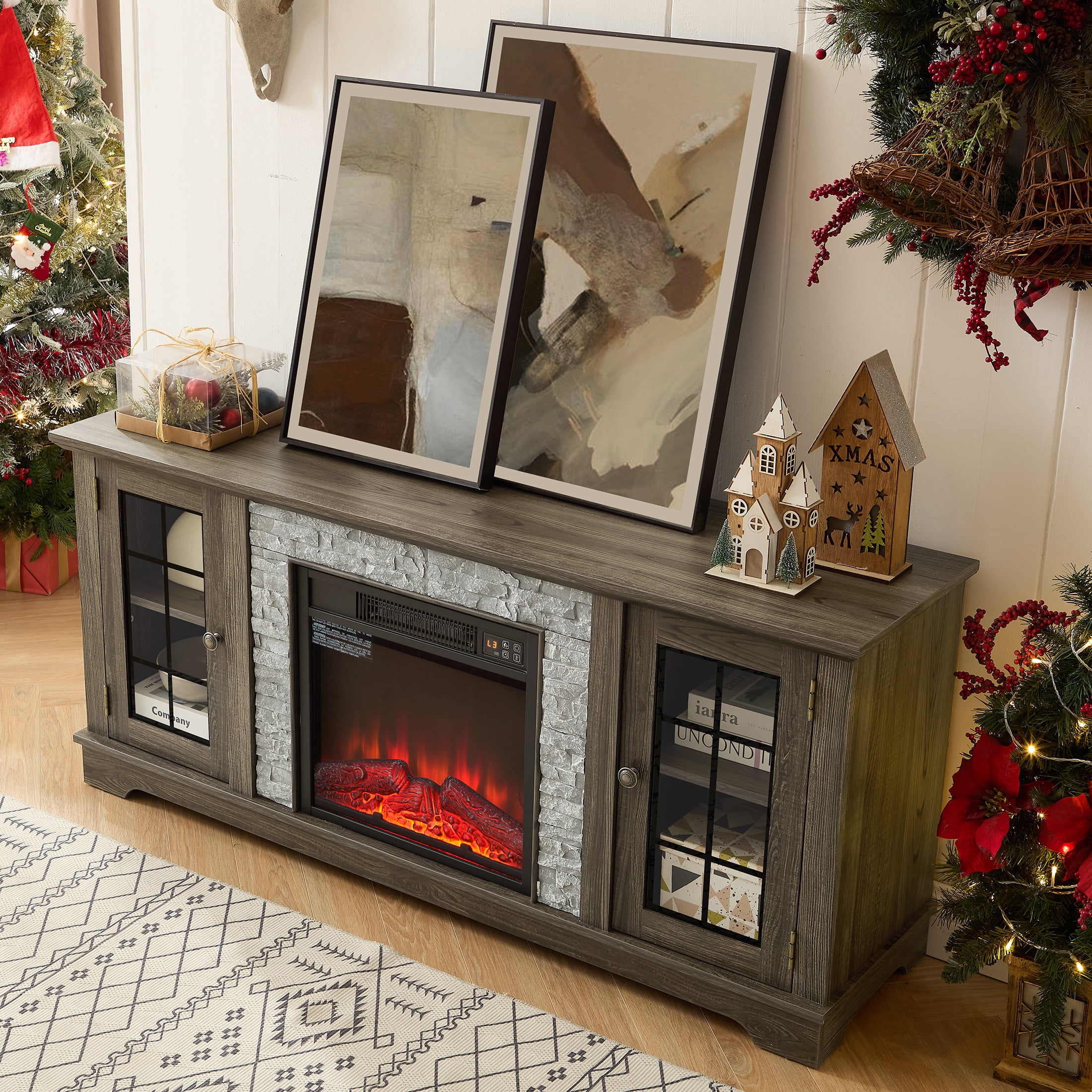 Electric Fireplace TV Stand for 65″ TVs, UHOMEPRO Fireplace Entertainment Center TV Console Table with 18″ Fireplace, 2-Door Storage Cabinets, Holds up to 200 lbs, Grey