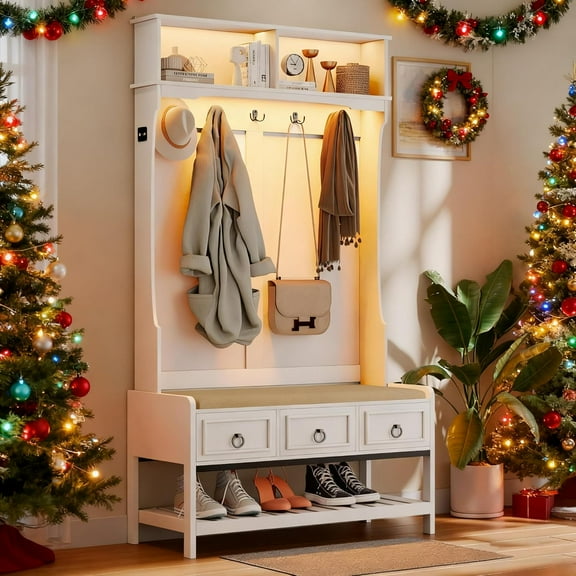 Farmhouse Hall Tree with Cushioned Bench and Shoe Storage for Mudroom, Hallway, Living Room,4-IN-1 Entryway Bench with LED Lights,Motion Sensor,Coat Rack and 3 Drawers,White