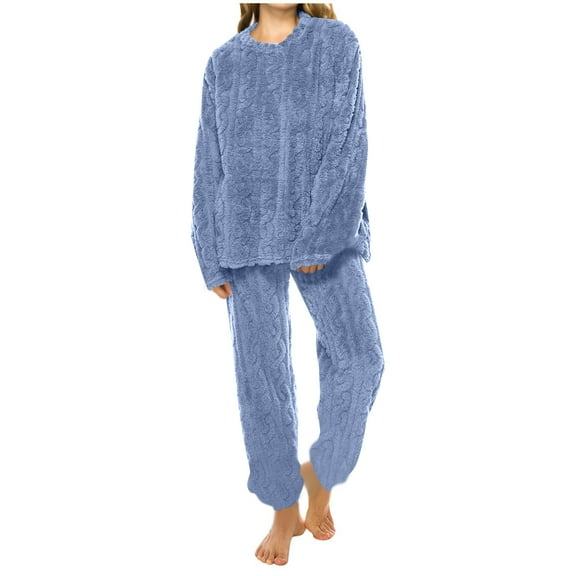 Women's Fleece-Lined Thick Crew Neck Long Pants Pajama Set Blue