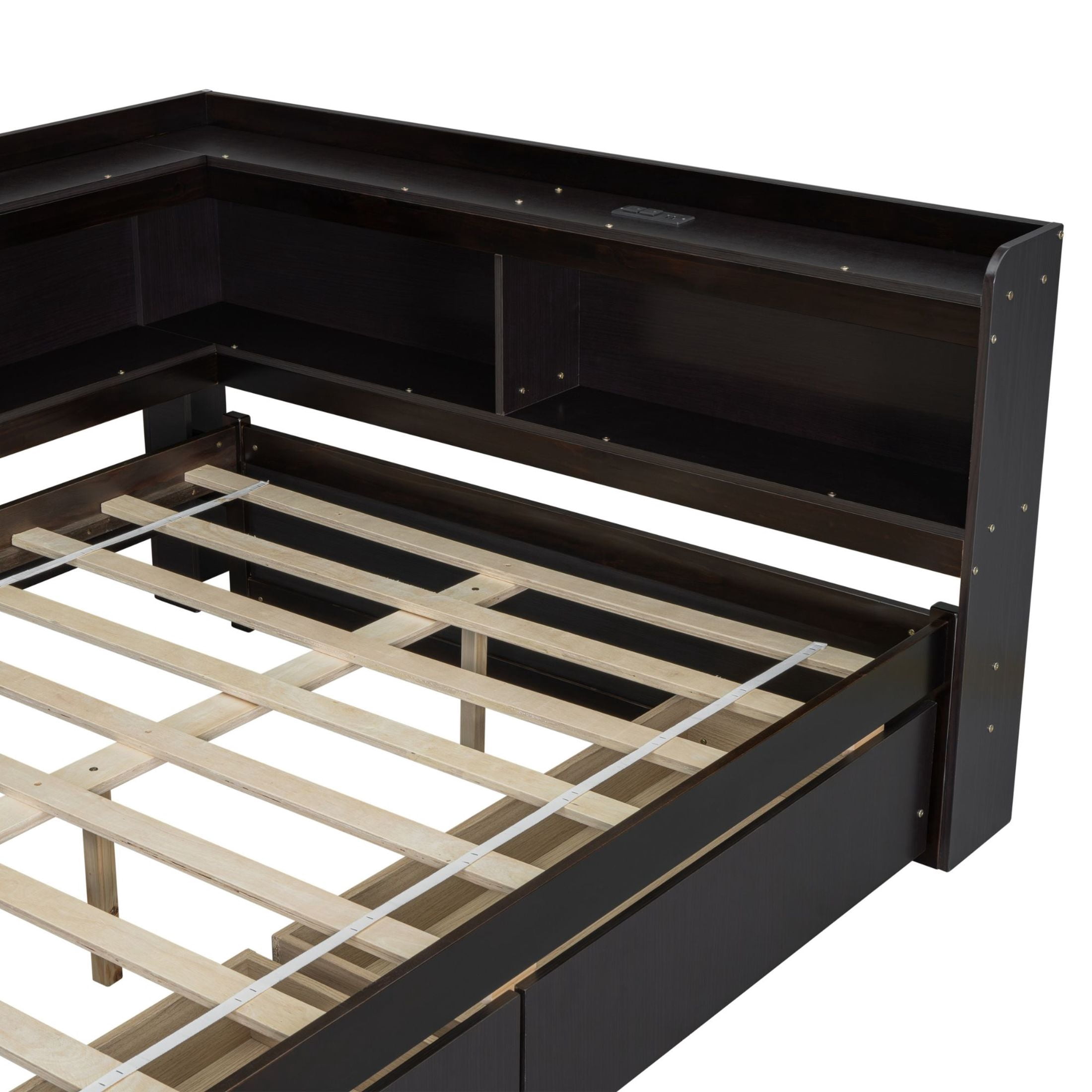 Noble House Full L-Shaped Bookcase Bed, Pine Wood Frame with Power Outlets, Storage Drawers & Headboard Shelves, Espresso