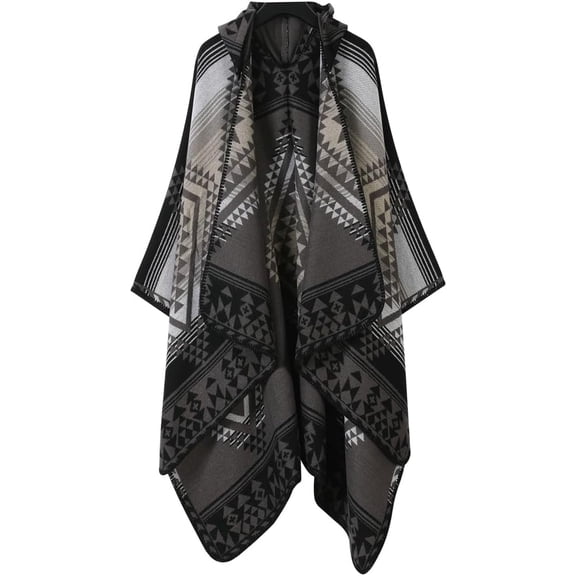 Zhengup Women's Winter Vintage Hooded Shawl Wrap Open Front Poncho Cape Pashmina Jacquard Blanket Oversized Cardigan Coat