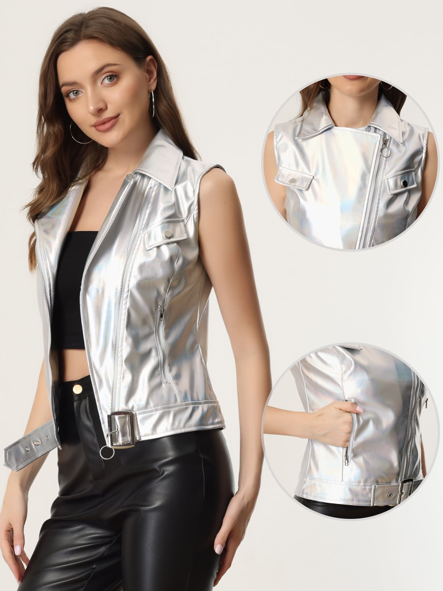 DARING DIVA Women's Metallic Holographic Shiny Vest XS Silver