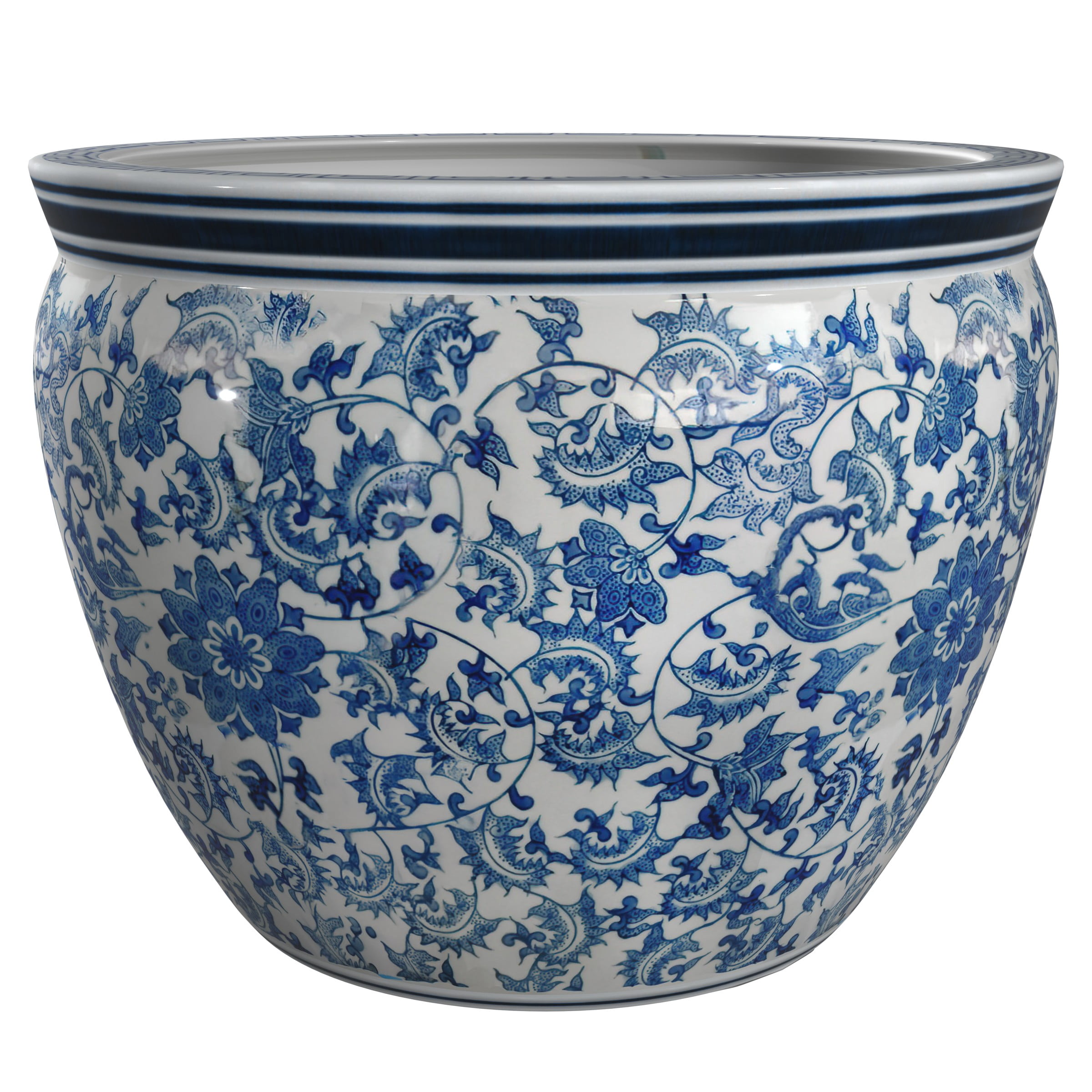 Red Lantern 16" Floral Blue & White Porcelain Fishbowl Planter