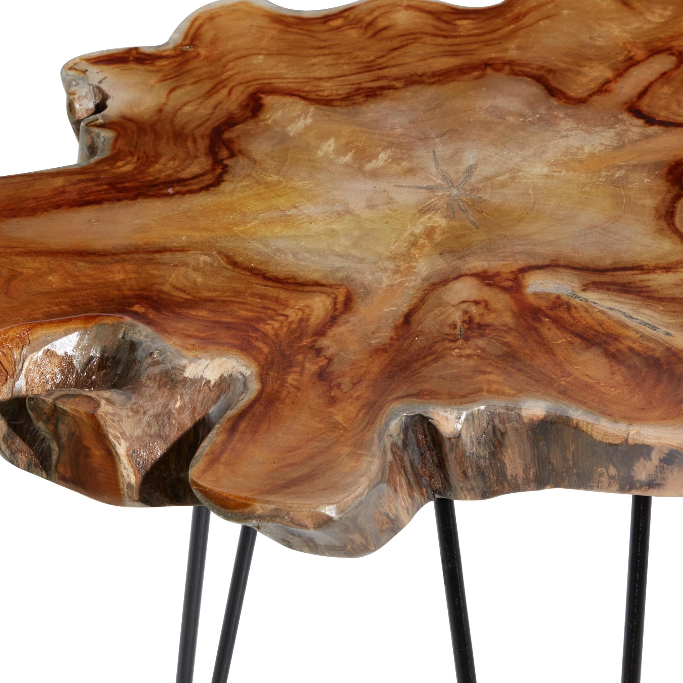 DecMode 20" x 21" Brown Teak Wood Live Edge Top Accent Table with Black Metal Hairpin Legs, 2-Pieces