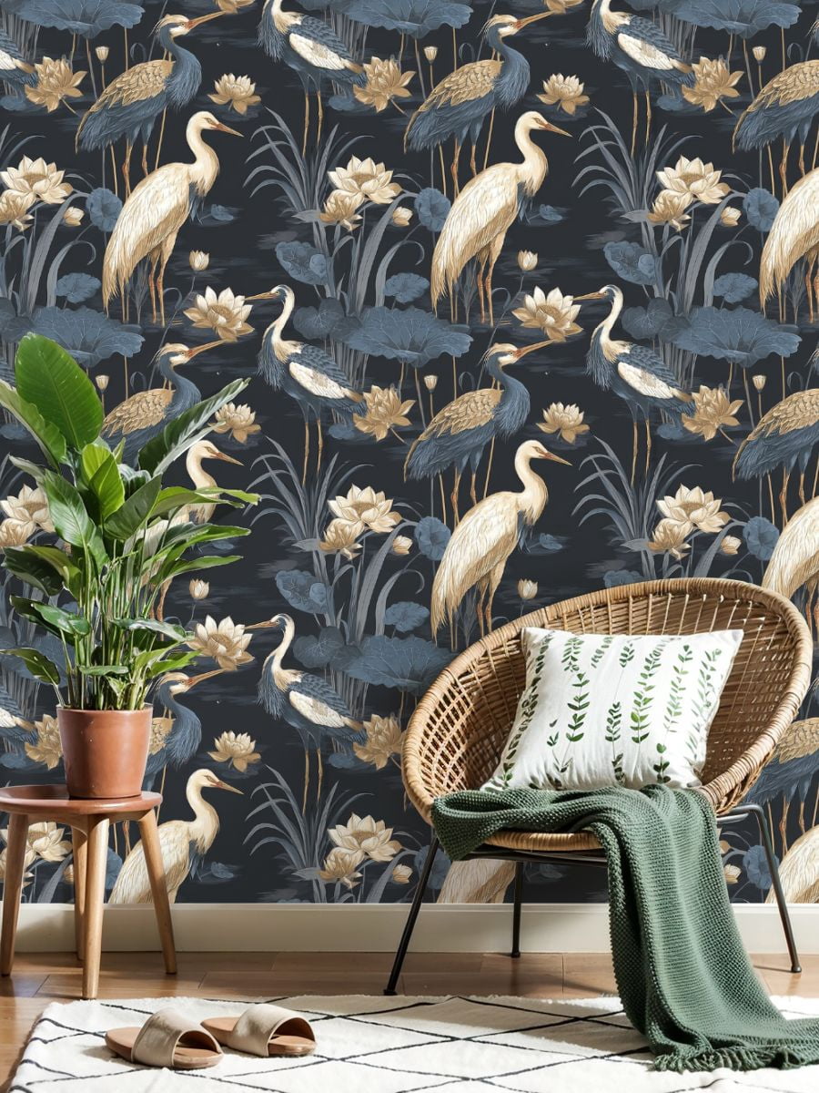 Peel and Stick Wallpaper 23.6in x 9.8ft Elegant Crane Birds Lotus Flowers Soft Gold Blue Floral Contact Paper Vinyl Self-Adhesive Removable Wall Paper for Bedroom Kitchen Cabinet Renter Friendly
