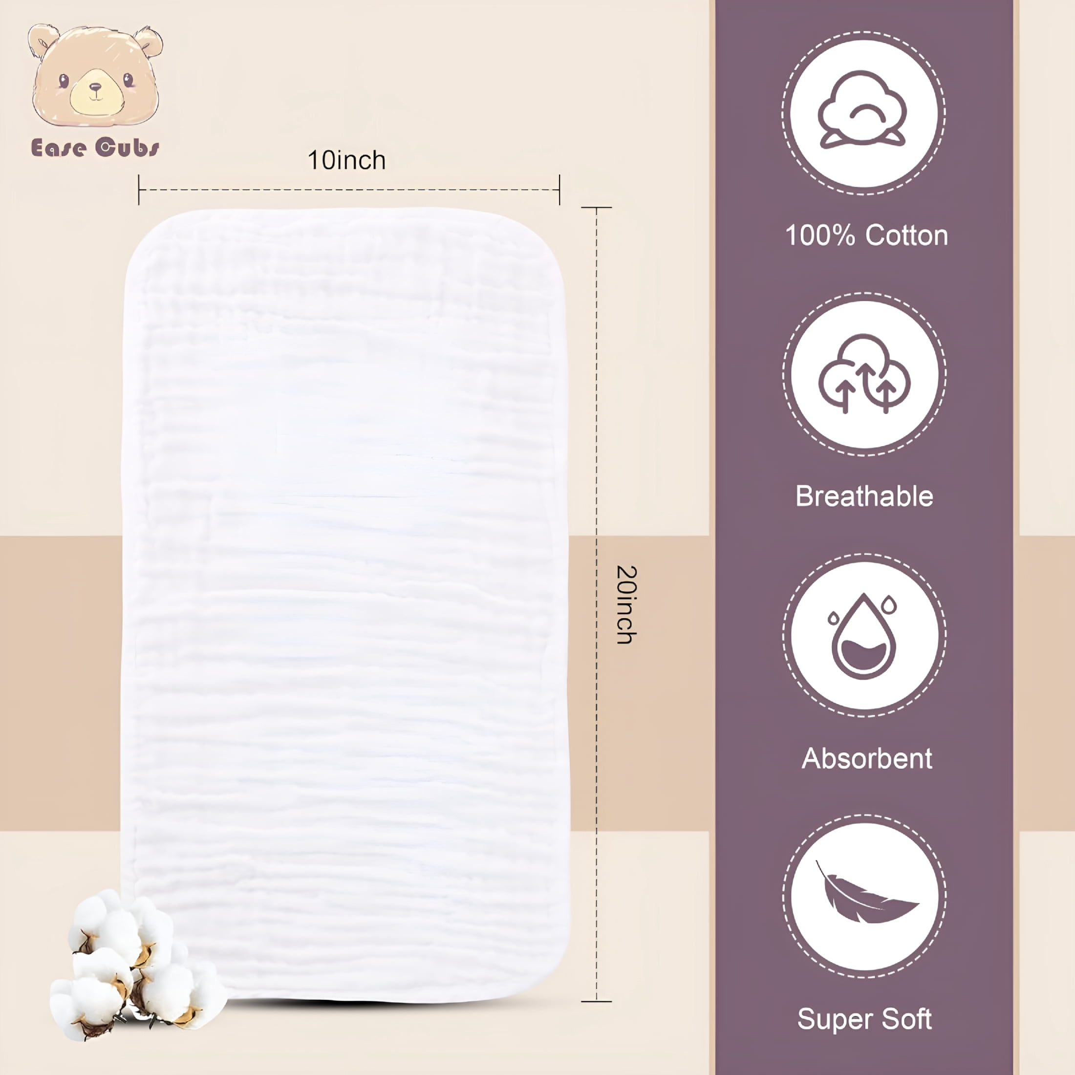 AUQ Muslin Burp Cloths Large 100% Cotton Hand Washcloths for Boys&Girls,Baby Essentials Extra Absorbent and Soft Burping Rags for Newborn Registry (White&Green,12-Pack,20"X10")