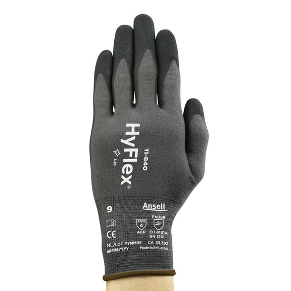 Ansell Hyflex 11-840 Abrasion-Resistant Industrial Work Gloves, Gray/Black XXL (11), 3 Pairs