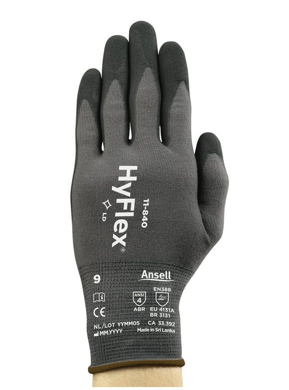 Ansell Hyflex 11-840 Abrasion-Resistant Industrial Work Gloves, Gray/Black XL (10), 1 Pair