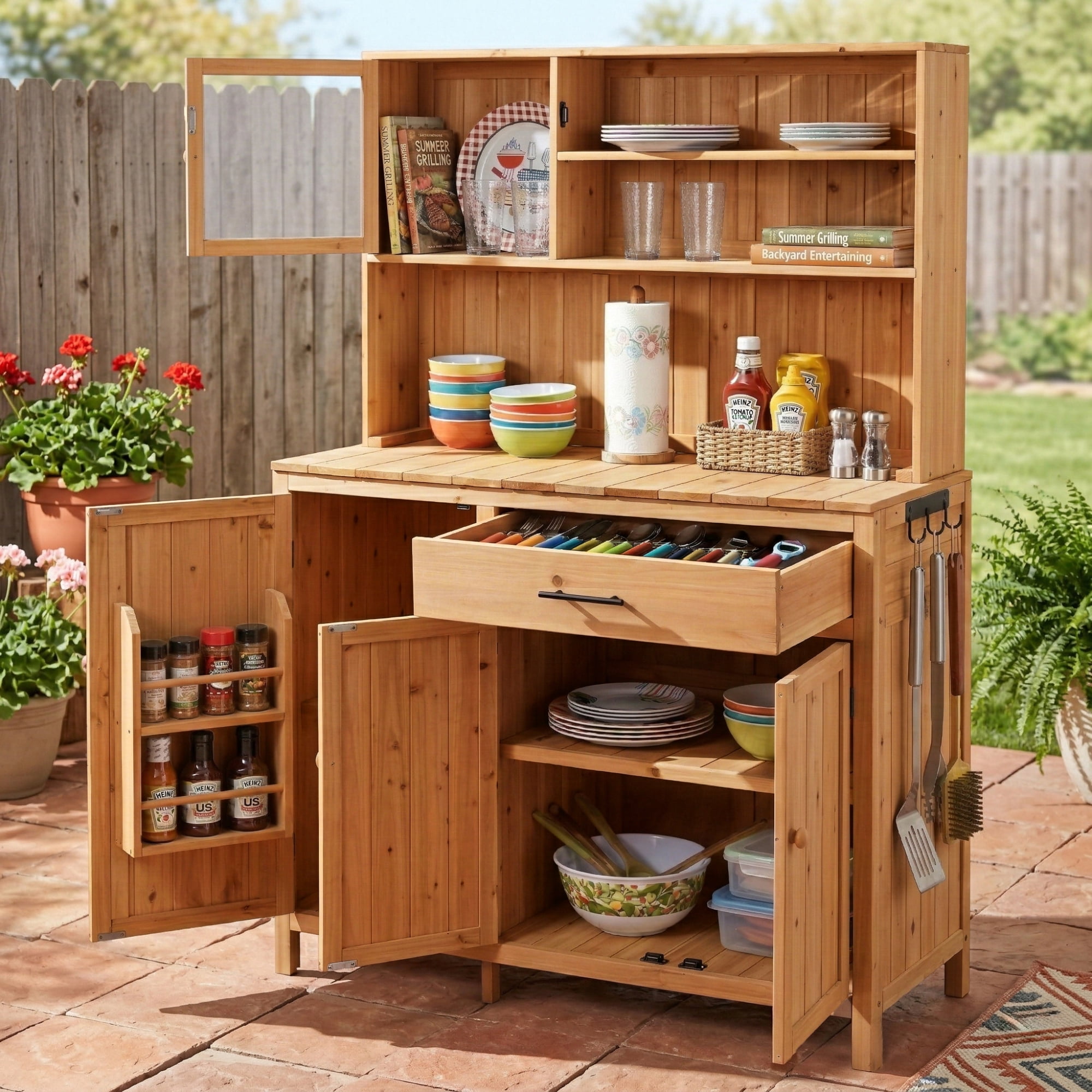 Potting Bench With Hutch, 65 Inch H Solid Fir Wood Outdoor Garden Workstation, Natural