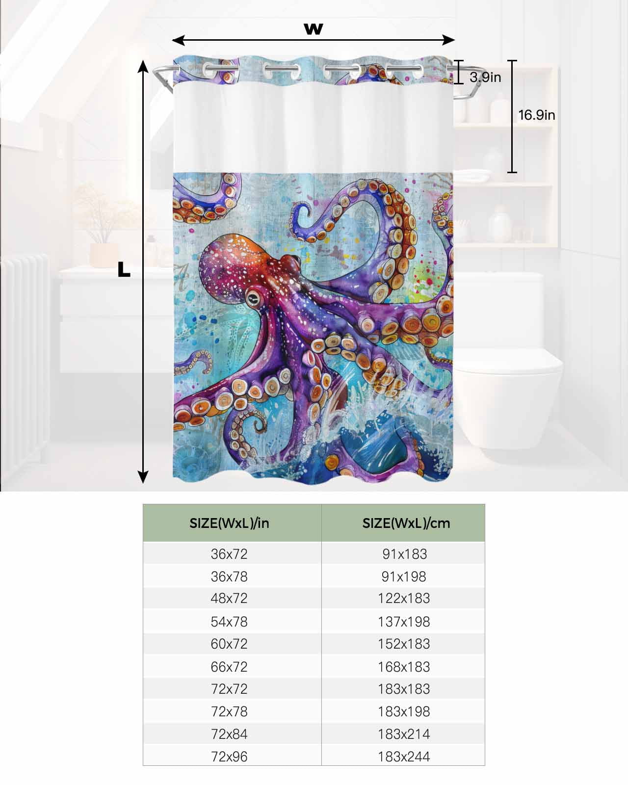No Hook Shower Curtain with Snap in Liner, Watercolor Summer Ocean Octopus Blue Hotel Shower Curtains for Bathroom, Washable Shower Curtain Liner Set with Mesh Top Window, 36"x78"