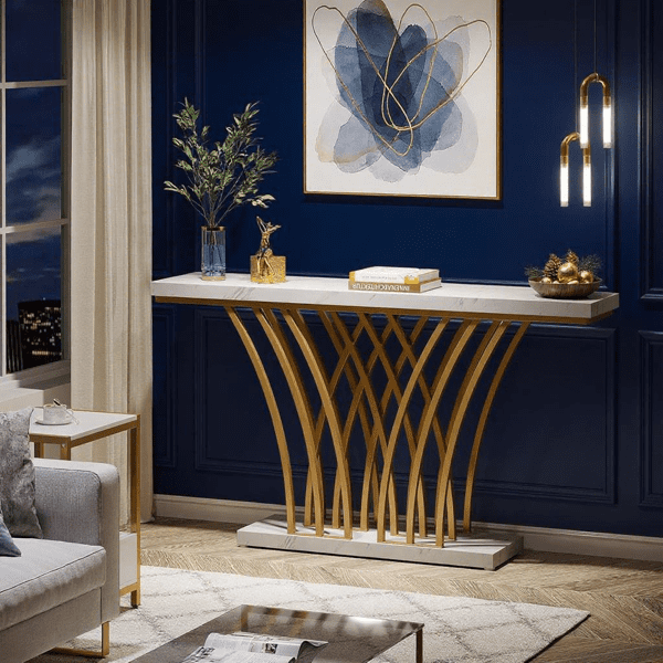 59" Modern Gold Console Table - Faux Marble Veneer with Geometric Metal Base, 1.97" Thick MDF Top, 450lb Capacity for Entryway, Living Room & Hallway