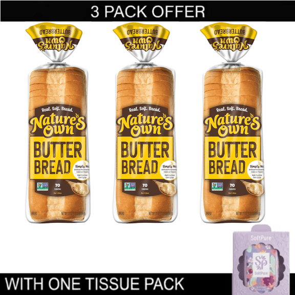 Nature's Own Butterbread Sandwich Bread 3-Pack Bundle (20 oz Loaves, 60 oz Total) with tissue pack