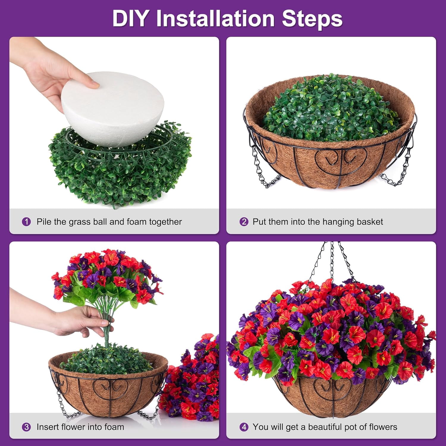 Artificial Hanging Flowers inch Basket, Faux Silk Petunias Flower Arrangement,Coconut Lining Planter with Morning Glories Plants Patio Garden Porch Deck Spring Decor(Lotus and Fuchsia)