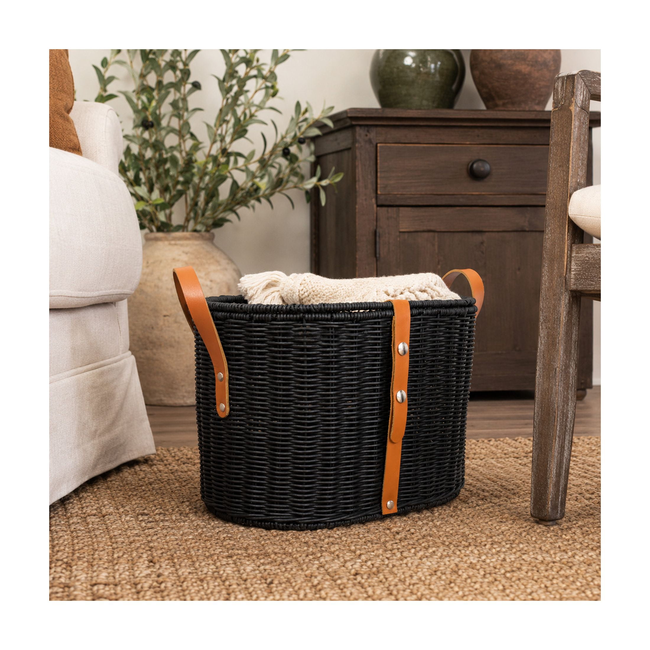 DecMode 16" x 11" Black Rattan Handmade Woven Storage Basket with Brown Leather Handles, 1-Piece