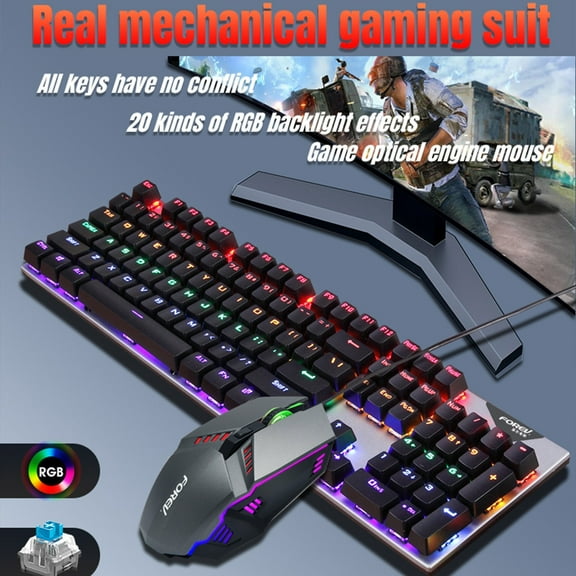 Wired Mouse Set, FVQ609 Real Mechanical Keyboard Gaming RGB Lighting 104 Keys Laptop Wired Keyboard And Mouse Set