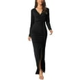 thumbnail image 2 of INSPIRE CHIC Women's Maxi Bodycon Dress V Neck Long Sleeve Side Slit Party Dress M Black, 2 of 7