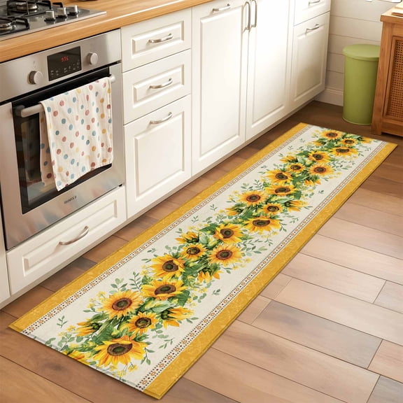 2'x6' Rug Runners for Hallways Kitchen, Sunflower Yellow Non Slip Entryway Beside Floor Carpet Runner, Retro Southwest Country Plant Leaf Floral Washable Laundry Room Bedroom Throw Rugs Mat
