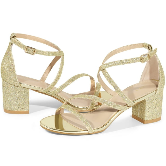 BLISSFUL STEP Sandales à Talon Épais à Paillettes à Brides Croisées pour Femmes