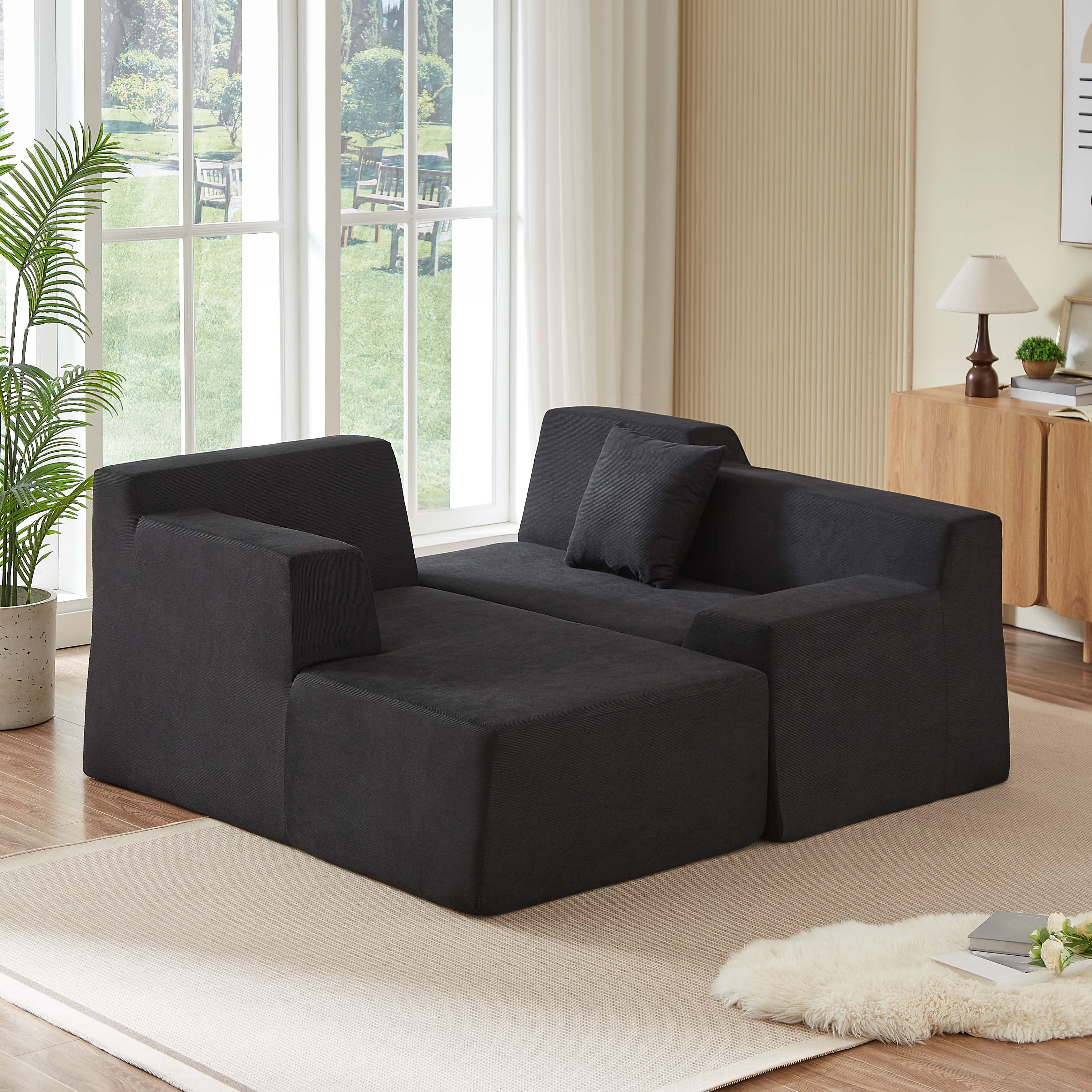 Miniyam 96" Boxed Sectional Sofa, Expands to Full Size, L-Shape Design with Soft Wide Stripe Corduroy and Deep Seat Comfort (Black, Left Facing)