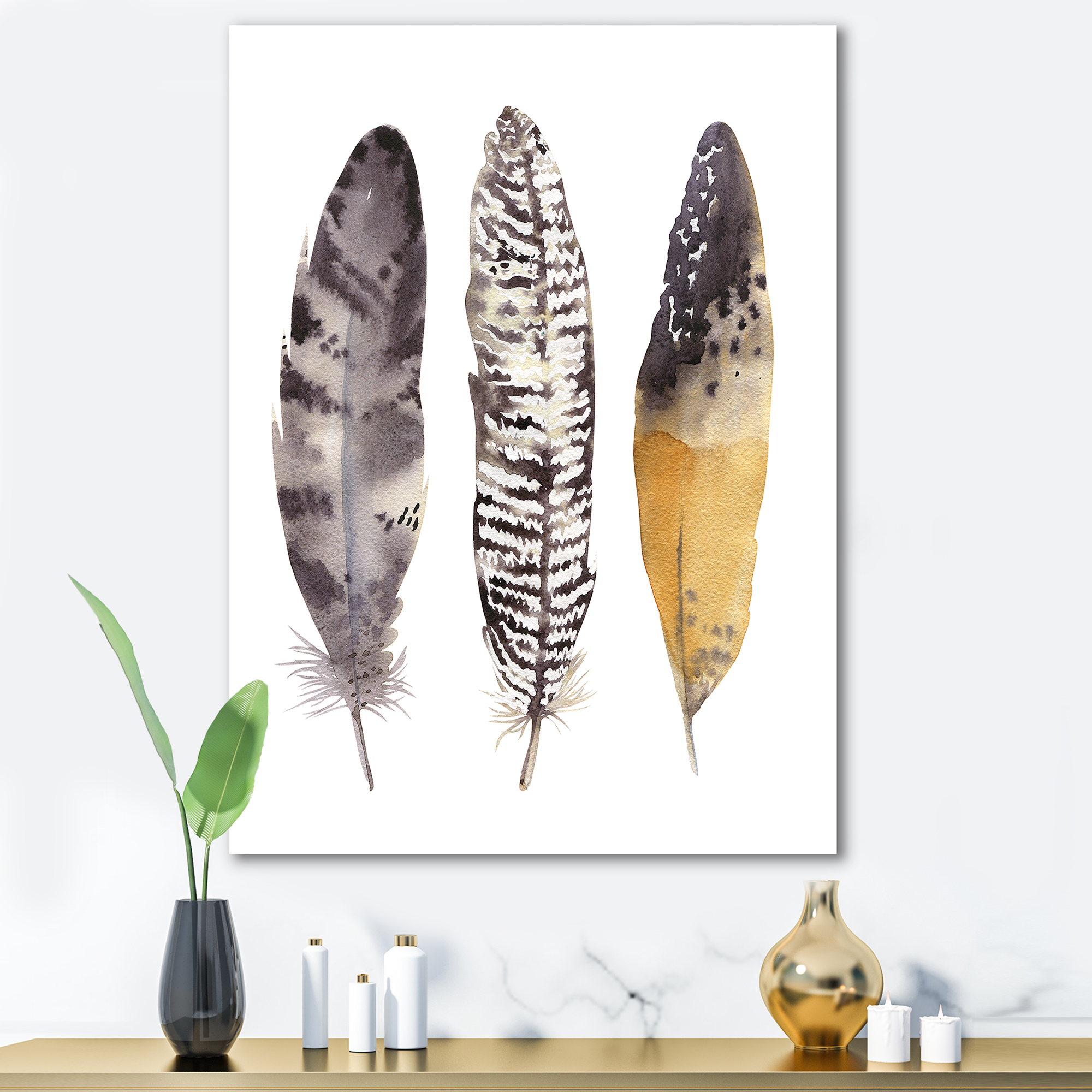 Boho Ethnic Art Dark Gray Feathers III 8 in x 12 in Painting Canvas Art Print, by Designart