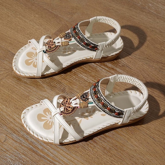 Caywon Sandals Women Comfortable Dressy Womens Flat Sandals Non Slip On Bohemian Summer Beach Shoes With Elastic Ankle Strap