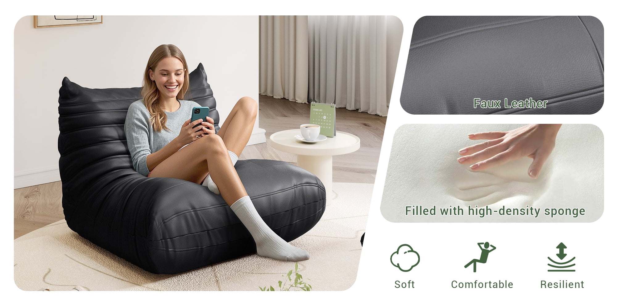 Gtilzria Lazy Sofa, Bean Bag Chair for Adults Floor Couch with Faux Leather Lounge for Living Room, Bedroom, Black