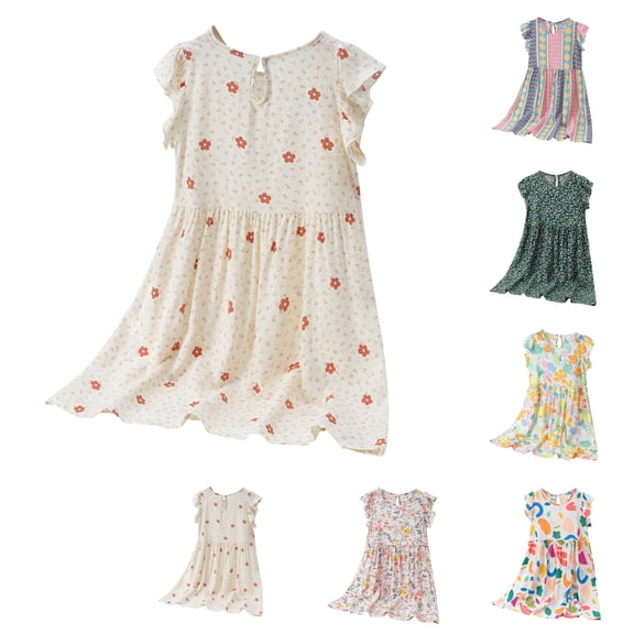 YHAJDS Toddler Girls Short Sleeve Dress Floral Print Ruffle Hem Sundress
