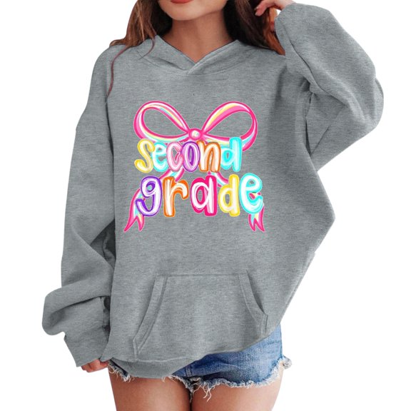 Ruyang Hooded Sweatshirt for Girls Bow Second Grade Graphic Long Sleeve Pullover Top Fall Cute Back to School Casual Sweatshirt