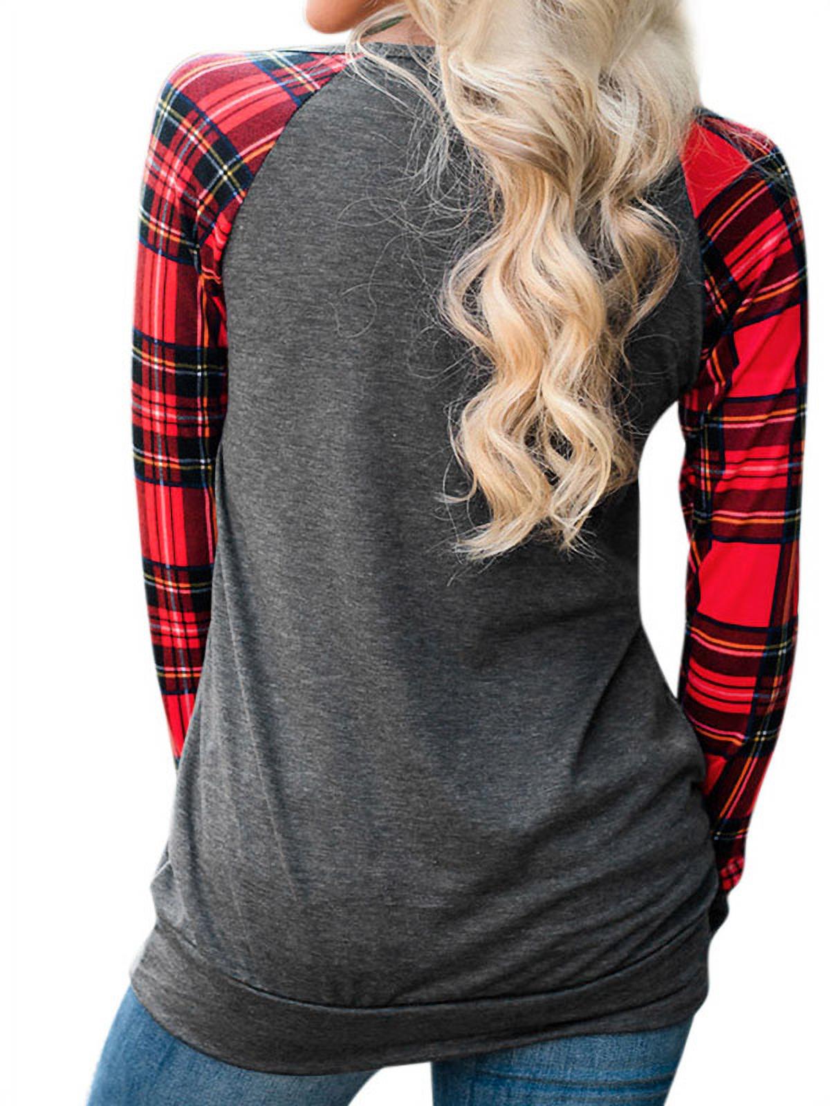 Women's Round Neck Checked Long Sleeve Sequin Pocket Sweatshirt - image 5 of 6