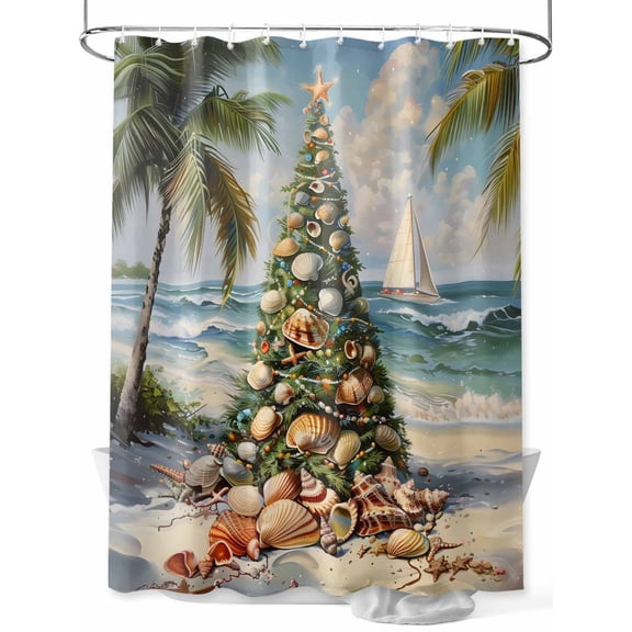 Coastal Christmas Tree Shower Curtain Set, Waterproof Shower Curtains for Bathroom, Xmas Nautical Beach Seaside Washable Fabric Cloth Bath Curtain for Bathtub Decoration with Hooks 72x78 Inches