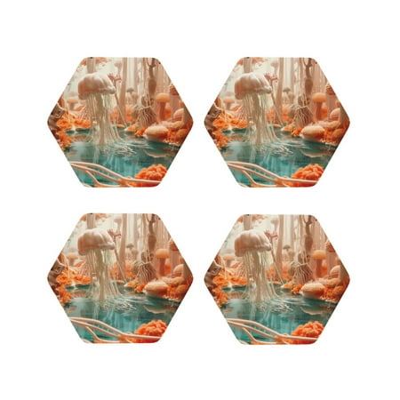 

Drink Coasters Set of 4 Fantasy Underwater Jellyfish Leather Coasters for Coffee Table Protector Heat Resistant Cute Coasters for Home Decor Housewarming Gifts Bar Kitchen 4 Inch Hexagon