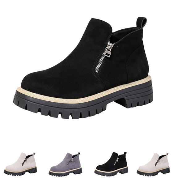 Willtoo Women’s Side Zip Platform Ankle Boots, Fall Winter Faux Suede Chunky Lug Sole Chelsea Booties, Slip On Comfort Non-Slip Short Fashion Boots