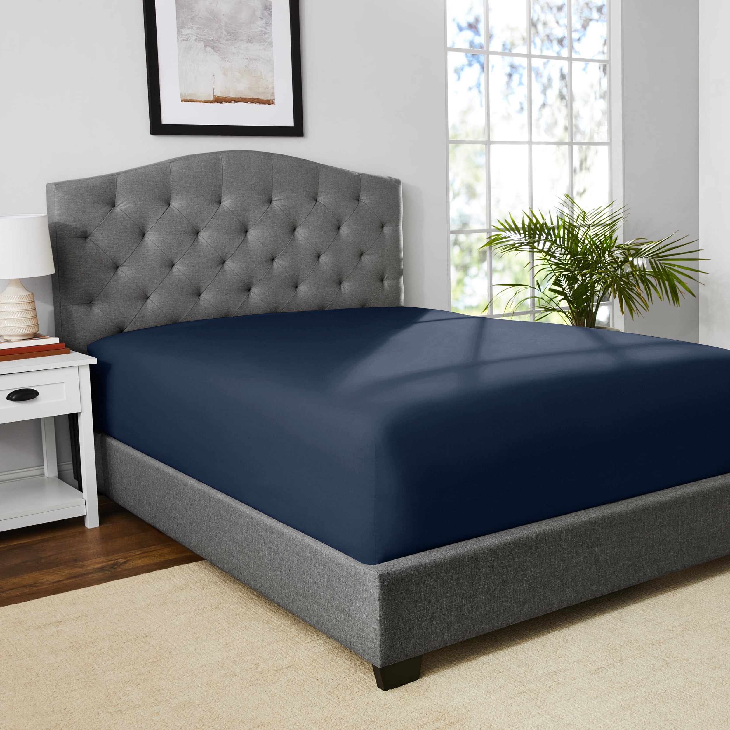 Mainstays 300 Thread Count Easy Care Blue Cove Cotton Blend Percale Fitted Bed Sheet, Twin